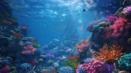 Naklejka premium A diverse coral reef ecosystem with branching corals, brain corals, and soft corals, all surrounded by a myriad of fish species and marine invertebrates