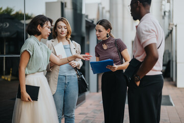 A diverse group of business professionals having a discussion outside in an urban setting. The image captures collaboration, teamwork, and diversity in a modern business environment.