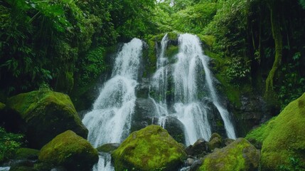 Obraz premium A scenic waterfall cascading down mossy rocks in a lush forest, symbolizing natural beauty and tranquility in a pristine wilderness, Waterfall scene