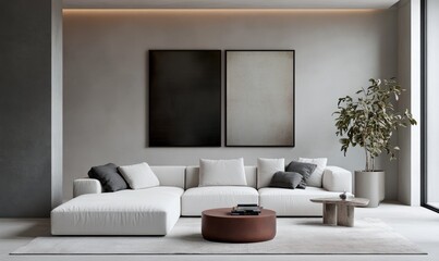 Modern, white minimalist interior. Modern interior design for posters in the living room layout with a white sofa with space to copy