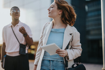 Two diverse business professionals engaged in a lively discussion in the city. The modern setting reflects a dynamic and multicultural professional environment.