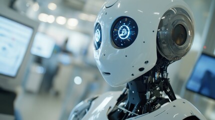 A detailed shot of the interactive touch screen interface and customer service capabilities of a humanoid retail assistant robot in a smart retail store, Robotics style, photo of