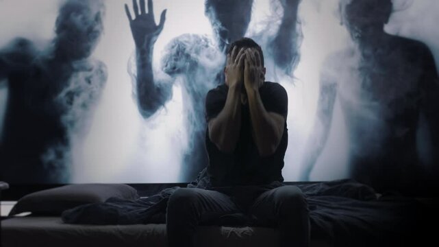 Disturbed Person Experiencing Night Terror Paranormal Shadow Figures Mental Health Anxiety Depression