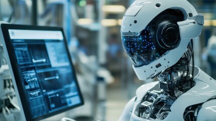 A detailed shot of the interactive touch screen interface and customer service capabilities of a humanoid retail assistant robot in a smart retail store, Robotics style, photo of