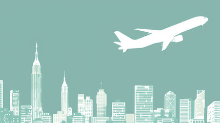 an airplane takes off on the left, with space on the right and middle. White background with green accents, skyscraper patterns at bottom in light grey.