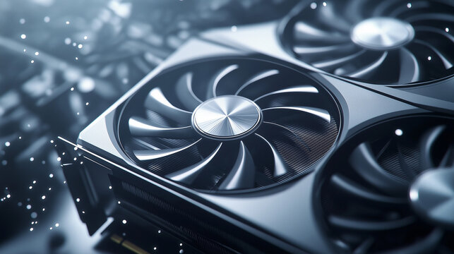 Closeup shot of black graphic card with fan for computer on dark background