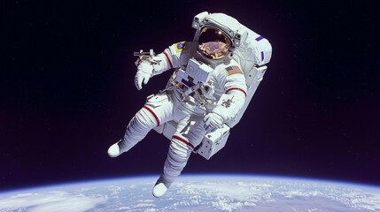 Naklejka premium Astronaut floating in space, with Earth visible in the background