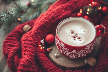 Red mug with white flowers on it is sitting on a wooden table for Christmas