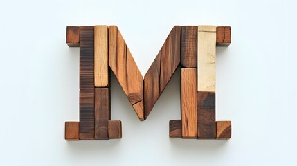 39. A letter M crafted from wooden blocks, arranged creatively on a white background