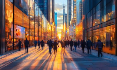 Fototapeta premium A busy urban street at sunset with pedestrians walking and modern skyscrapers reflecting golden light