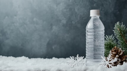 Winter-themed water bottle promotion design featuring snowflakes and pinecones