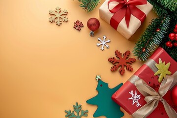 Christmas scene with a green tree ornament and a red box with a gold ribbon