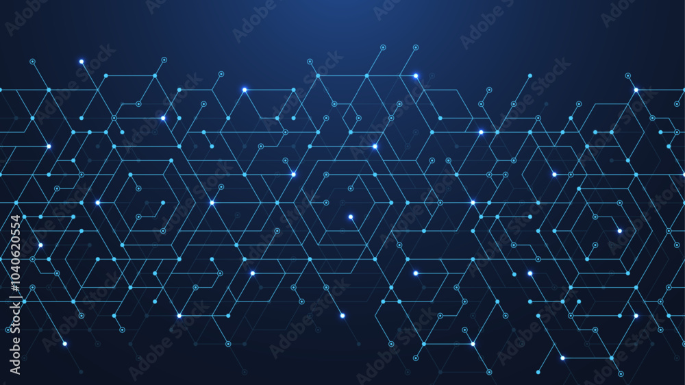 Poster Technology abstract background lines, dots and hexagons. Hexagonal digital concept for poster, banner, header, footer