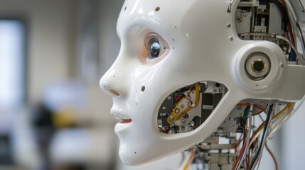 Fototapeta premium A detailed shot of the intricate facial recognition and emotion synthesis capabilities of a humanoid social companion robot in a social robotics lab, Robotics style, photo of