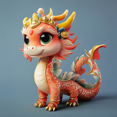 Fototapeta premium Charming dragon character with colorful scales and ornate crown posed against a soft background in a playful and whimsical style
