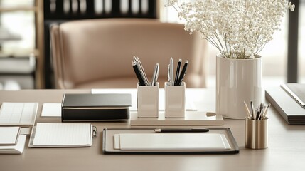 A clean and organized office desk with stationery, a notebook, a pen holder, and a vase with white flowers.