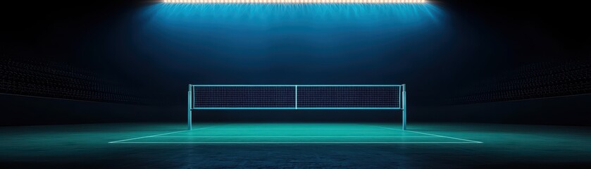 Empty tennis court illuminated in a dark arena with blue lighting.