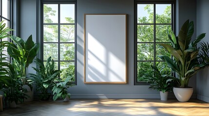 Fototapeta premium Blank white poster mockup in a modern living room with minimalist decor and clean lines. 3d rendering