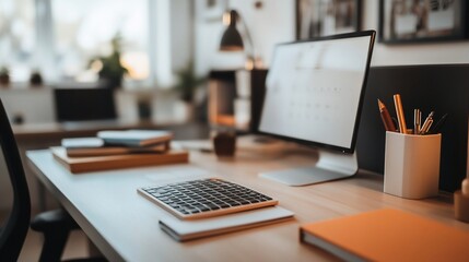 A modern desk with a computer, keyboard, notebooks and a pen holder, in a home office.