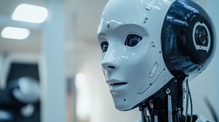 A detailed shot of the intricate facial recognition and social interaction capabilities of a humanoid companion robot in a personal robotics assistant lab, Robotics style, photo of