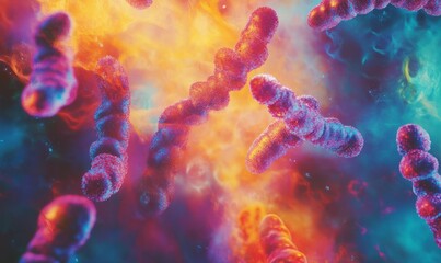 Human chromosomes are visibly dividing during the process of mitosis, highlighted by vibrant colors and detailed structure against an abstract backdrop
