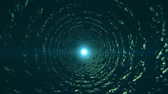 A digital tunnel with a central light streaks. Moving through tunnel made of digital glitch elements with bright light effect. Abstract video for computer engineering, modern science.