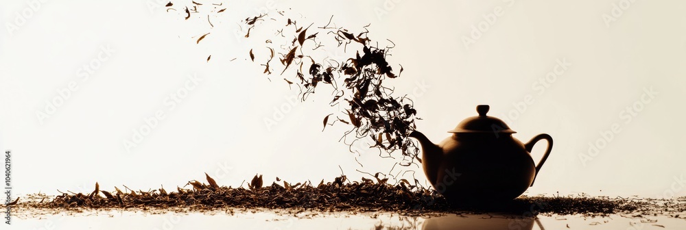 Poster the silhouette of a teapot blends into dynamic tea leaves, symbolizing the transition from brewing t