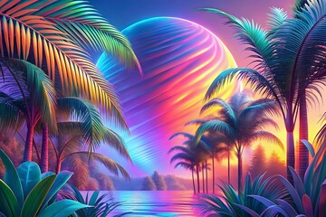 Vibrant Sunset Over Tropical Paradise Palm Trees Reflection