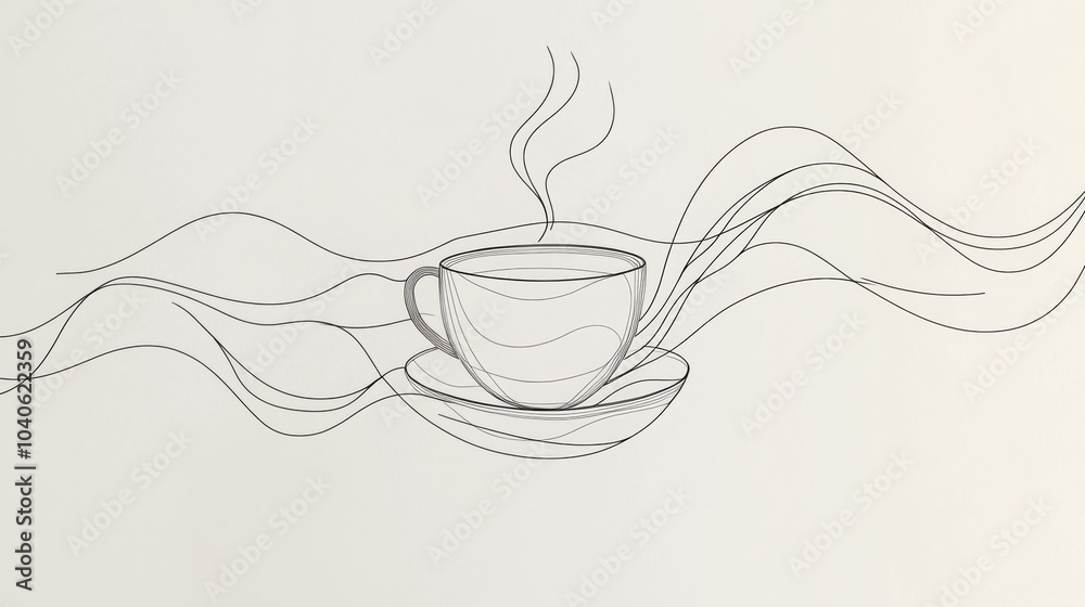 Poster a continuous line sketch of a tea cup with gentle steam rising, illustrating a calm and inviting atm