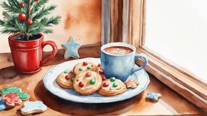 Cozy winter afternoon with decorated cookies and warm cocoa beside a festive mini Christmas tree