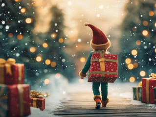 Weihnachtself stellt geschenke zu