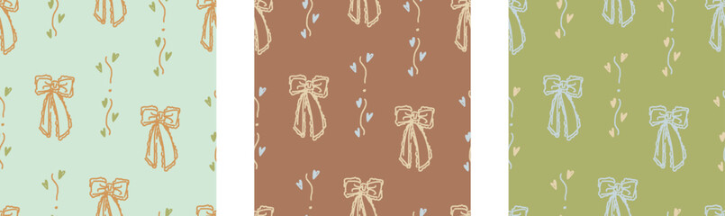 Set of seamless pattern with ribbon, bow. coquette, pattern background, print, pattern, greeting card, wrapping paper, fashion, fabric, textile, wallpaper, cover. Childish naive doodle vector art