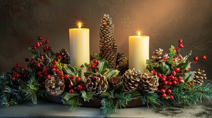 A festive Christmas centerpiece with candles, holly, pinecones, and red berries
