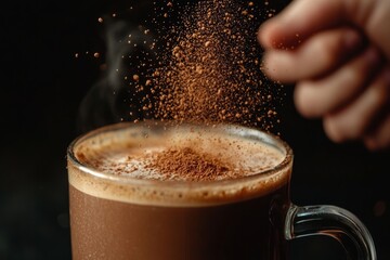 Mug of hot chocolate with a hand sprinkling chocolate powder on top