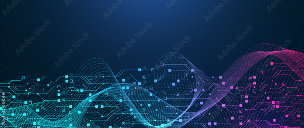 Poster Artificial Intelligence with circuit electric line style. Digital futuristic machine learning design. AI graphic design for website, banner, header, social media, mobile app, UI. Vector illustration