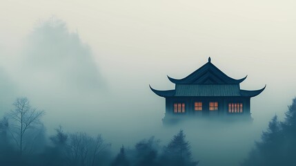 Misty rural village on a foggy autumn day, surrounded by colorful fall trees and quiet streets, ideal for peaceful seasonal visuals.