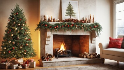 Cozy winter evening by the fireplace, surrounded by festive trees and holiday decorations