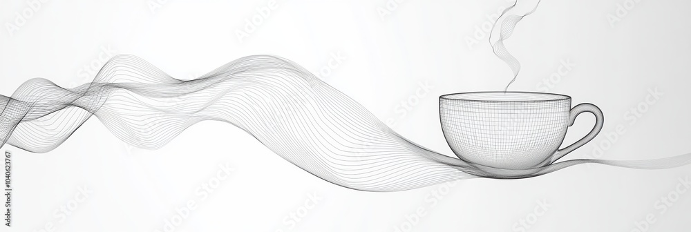 Poster A continuous line design features a tea cup with gentle steam flowing above, representing warmth and tranquility in a minimalist style. Generative AI
