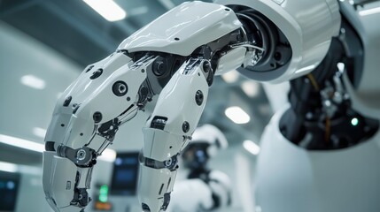 Fototapeta premium A detailed shot of the modular limbs and customization options of a humanoid service robot in a robotics development center, Robotics style, photo of