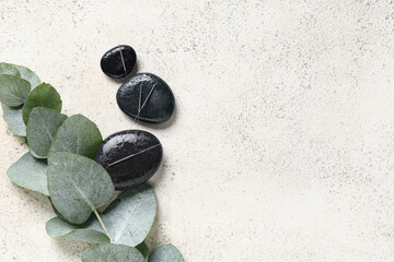 Acupuncture needles, spa stones and eucalyptus branch on light background