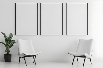  Blank white poster mockup in a modern living room with minimalist decor and clean lines. 3d rendering