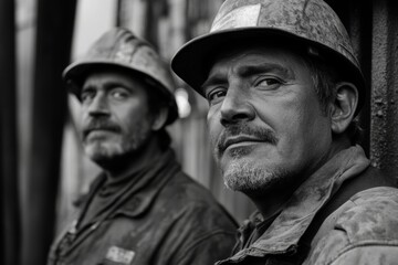 Obraz premium Two miners in protective helmets pose for a portrait inside a coal mine during the day, showcasing their hard work and dedication
