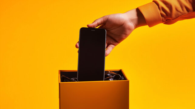Man's hand putting smartphone into trash on a yellow background. Phone addiction, self control and digital detox concept. Generative AI
