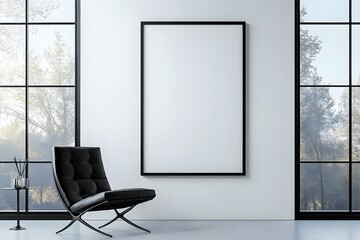  Blank white poster mockup in a modern living room with minimalist decor and clean lines. 3d rendering