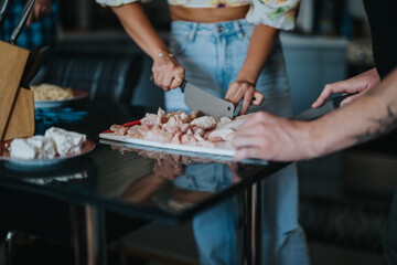 Two people are chopping chicken on a cutting board in a modern kitchen, showcasing a collaborative cooking experience.