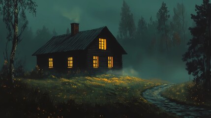 Autumn village in the mist, with golden fall foliage and fog-shrouded houses, perfect for calm and reflective countryside scenes.