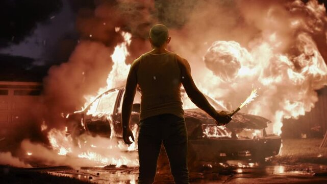 Silhouetted Man Standing Before Burning Car Dramatic Night Scene Dark Cinematic Action