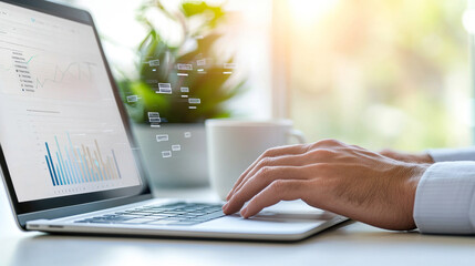 Close-up of businessman's hands typing on laptop with financial data and stock market charts displayed on screen and projection of emails flying in front of laptop screen