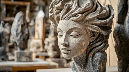 Obraz premium Finished stone sculpture displayed prominently in a workshop setting