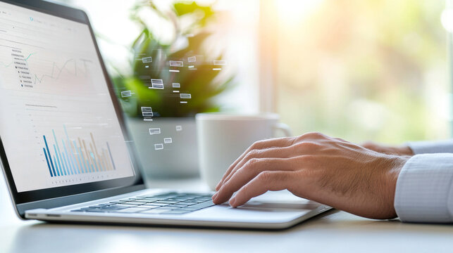 Close-up of businessman's hands typing on laptop with financial data and stock market charts displayed on screen and projection of emails flying in front of laptop screen - Powered by Adobe